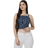 Popwings Women Casual Bagru Print Crish Cross Back Pom Pom Crop Top For Women || Sleeveless Summer Crop Top For Women || Square Neck Stylish Latest Pom Pom Women Top Indigo Blue