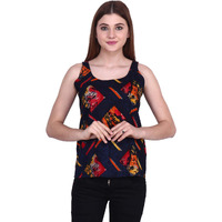 Popwings Casual Sleeveless Round Neck Foil/Graphic Print Regular Top For Women, Blue/Multicolor