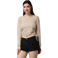 Popwings Casual Self Design Regular Fit Polyester Full Sleeves Crop Tops For Women With Crush String
