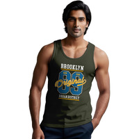 Peppyzone Sports Printed Cotton Tank Top Vest For Men (S, Olive)