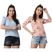 Popwings Casual Floral Printed Round-Neck Puff-Sleeves Tops Combo For Women