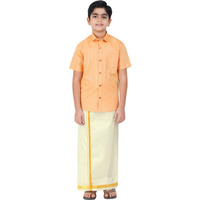 Boys Cotton Half Sleeve Self Design Shirt With Stitched Art Silk Dhoti For Boys (Madriyad-Gold)