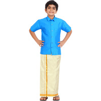 Prakasam Cotton- Art Silk Traditional Boys Dhoti Set, Shirt With Cream Dhoti, Gold Border, Short Sleeve (5-6 Years, Sky Blue)