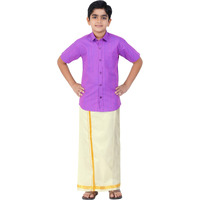 Boys Cotton Half Sleeve Self Design Shirt With Stitched Art Silk Dhoti For Boys (Madriyad-Lavender)