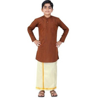 Boys Cotton Long Sleeve Self Design Kurtha With Stitched Art Silk Dhoti For Boys (Madriyad-Maroon)