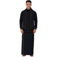 Prakasam Cotton Mens Single Small (Roja) Border (1.28X2.00 Mtrs) Black Dhoti + Readymade Full Sleeve Mandarin Collar Black Shirt + Black Roja Small Border Matching Towel