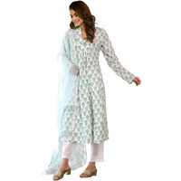 Pinkmint Women's Printed V Neck Muslin Kurta & Straight Pants With Fancy Dupatta L Festive & Celebrations Ethnic Suit Set White