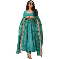 Pinkmint Women's Bandhani Print Flared Anarkali Muslin Kurta Set With Pant & Stylish Dupatta Ethnic Long Sleeve Dress Suit Set Teal Green