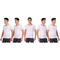 Prakasam Cotton Men's Combed Cotton Round Neck Half Sleeve White Vest With Extended Length For Easy Tuck (Platinum) Pack Of 5