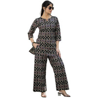 Pinkmint Pure Cotton Co Ord Set For Women L 3/4 Sleeve Printed Comfortable & Stylish Trendy Top & Bottom Matching Set Black