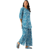 Pinkmint Women's Pure Cotton Co Ord Set L Printed Stylish Top & Bottom Set L Wide-Leg Pant Loungewear L Day-To-Night Comfort Wear Light Blue