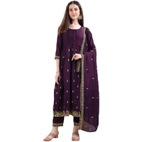 Pratham Blue Women's Rayon Embroidered Anarkali Kurta And Pant With Dupatta Set (Kurta Set For Women_Bkpa-1059-L_Purple)