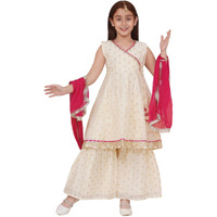 Preneum Girls's Cotton Rayon Gota Pati Floral Printed Angrakha Kurta With Sharara & Dupatta, Cream, 13-14 Years