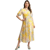 Preneum Women's Maxi Fit & Flare Print Georgette Regular Sleeves Casual |Long Gown For Women (In, Alpha, M, Plus, Light Yellow)