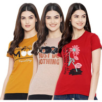 Preneum Women's Cotton Regular Fit Latest Graphic Stylish Printed Short Sleeves Casual T-Shirt || Trend & Styles (Pack 3), Yellow & Brown & Red, Xl
