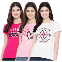 Preneum Women's Cotton Regular Fit Latest Graphic Stylish Printed Short Sleeves Casual T-Shirt || Trendy Designs & Stylish (Pack 3), White, M
