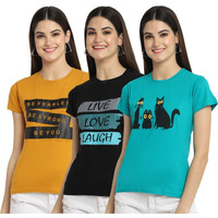 Preneum Women's Cotton Regular Fit Latest Graphic Stylish Printed Short Sleeves Casual T-Shirt || Latest Trendy & Style (Pack 3), Mid Night Black, Xl