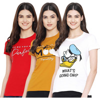 Preneum Women's Cotton Regular Fit Latest Graphic Stylish Printed Short Sleeves Casual T-Shirt || Trend Styles (Pack 3), Yellow, Xl