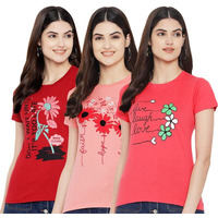 Preneum Women's Cotton Regular Fit Latest Graphic Stylish Printed Short Sleeves Casual T-Shirt || Trending & Styles (Pack 3), Pink, L