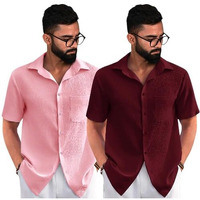 Pinkmint Combo Of Men's Regular Fit Popcorn Shirt Half Sleeve Spraed Collar Shirt (Pack Of 2)