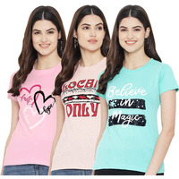 Preneum Women's Cotton Regular Fit Latest Graphic Stylish Printed Short Sleeves Casual T-Shirt || Trend & Styles (Pack 3), Pink & Pink & Blue, L