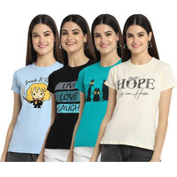 Preneum Women's Cotton Regular Fit Latest Graphic Stylish Printed Short Sleeves Casual T-Shirt || Trendy & Latest Style (Pack 4), Blue & Black & Blue & Beige, Xs