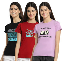 Preneum Women's Cotton Regular Fit Latest Graphic Stylish Printed Short Sleeves Casual T-Shirt (Pack 3), Black & Red & Purple, Xl