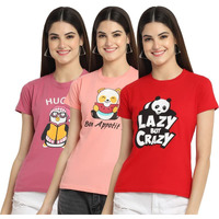 Preneum Women's Cotton Regular Fit Latest Graphic Stylish Printed Short Sleeves Casual T-Shirt || Trending & Style (Pack 3), Pink & Pink & Red, L