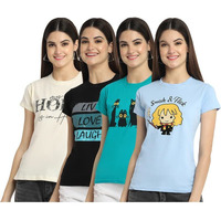 Preneum Women's Cotton Regular Fit Latest Graphic Stylish Printed Short Sleeves Casual T-Shirt || Latest Style (Pack 4), Beige & Black & Blue & Blue, S