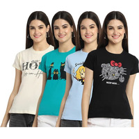 Preneum Women's Cotton Regular Fit Latest Graphic Stylish Printed Short Sleeves Casual T-Shirt || Latest Style (Pack 4), Beige & Blue & Blue & Black, 2Xl
