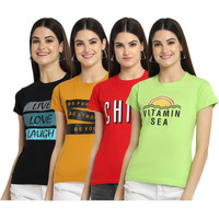 Preneum Women's Cotton Regular Fit Latest Graphic Stylish Printed Short Sleeves Casual T-Shirt (Pack 4), Black & Yellow & Red & Green, Xs