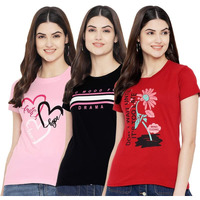 Preneum Women's Cotton Regular Fit Latest Graphic Stylish Printed Short Sleeves Casual T-Shirt || Trend & Style (Pack 3), Pink & Black & Red, Xl