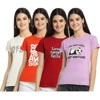 Preneum Women's Cotton Regular Fit Latest Graphic Stylish Printed Short Sleeves Casual T-Shirt || Trends & Stylish (Pack 4), Orange, L