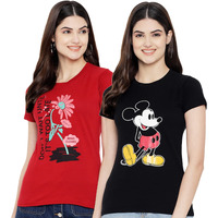 Preneum Women's Letter Print Regular T-Shirt (Su-12-13_Red & Black Xl)