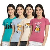 Preneum Women's Cotton Regular Fit Latest Graphic Stylish Printed Short Sleeves Casual T-Shirt || Latest Style (Pack 4), Blue & Grey & Cream & Pink, L