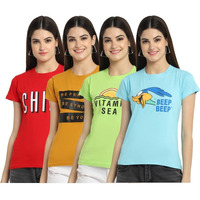 Preneum Women's Cotton Regular Fit Latest Graphic Stylish Printed Short Sleeves Casual T-Shirt || Trendy & Styles (Pack 4), Ocean Blue, M