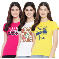 Preneum Women's Cotton Regular Fit Latest Graphic Stylish Printed Short Sleeves Casual T-Shirt || Trendy & Styling (Pack 3), Pink & White & Yellow, L