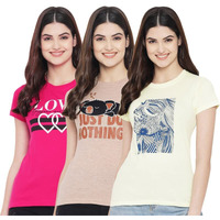 Preneum Women's Cotton Regular Fit Latest Graphic Stylish Printed Short Sleeves Casual T-Shirt || Trendy & Styling (Pack 3), Pink & Brown & Off White, 2Xl