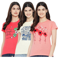 Preneum Women's Regular Fit T-Shirt (Sup-17-18-19 Off White & Pink Xl)