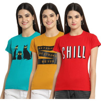 Preneum Women's Cotton Regular Fit Latest Graphic Stylish Printed Short Sleeves Casual T-Shirt (Pack 3), Blue & Yellow & Red, L