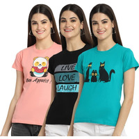 Preneum Women's Cotton Regular Fit Latest Graphic Stylish Printed Short Sleeves Casual T-Shirt (Pack 3), Pink & Black & Blue, S