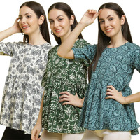 Pinkimint Crape Combo Top For Women Ll Stylish Casual Flared Fancy Sleeve Printed Regular Fit Top (Pack Of 3)