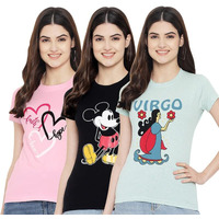 Preneum Women's Cotton Regular Fit Latest Graphic Stylish Printed Short Sleeves Casual T-Shirt || Trend & Style (Pack 3), Pink & Black & Sky Blue, Xl
