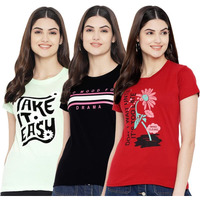 Preneum Women's Cotton Regular Fit Latest Graphic Stylish Printed Short Sleeves Casual T-Shirt || Trendy & Styling (Pack 3), Green & Black & Red, Xl