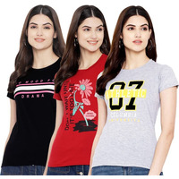 Preneum Women's Cotton Regular Fit Latest Graphic Stylish Printed Short Sleeves Casual T-Shirt || Latest Trendy & Styling (Pack 3), Black & Red & Grey, 2Xl