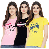 Preneum Women's Cotton Regular Fit Latest Graphic Stylish Printed Short Sleeves Casual T-Shirt || Trend & Style (Pack 3), Pink & Black & Yellow, Xs