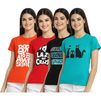Preneum Women's Cotton Regular Fit Latest Graphic Stylish Printed Short Sleeves Casual T-Shirt || Trendy Design & Stylish (Pack 4), Orange & Red & Black & Blue, L