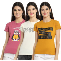 Preneum Women's Cotton Regular Fit Latest Graphic Stylish Printed Short Sleeves Casual T-Shirt || Latest Trendy & Styles (Pack 3), Pink & Off White & Yellow, 2Xl