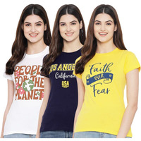 Preneum Women's Regular Fit T-Shirt (Sup-14-20-16_White & Navy Blue & Yellow Xs)