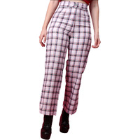 Popwings Casual Check Print Button And Zip Closure Trouser For Women | Western Wide-Leg Trouser For Women | Summer Trousers For Women | Comfortable Semi-Formal Work Trouser For Women White